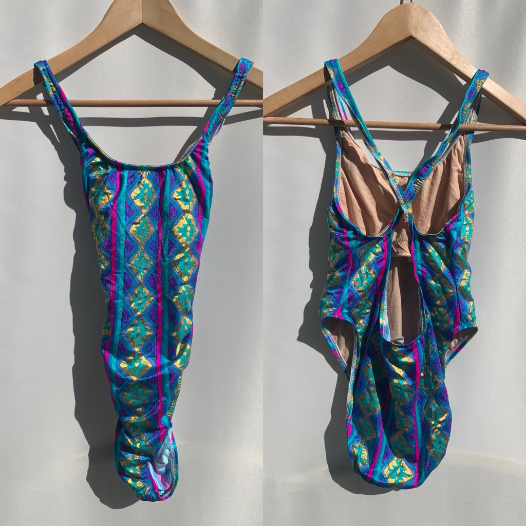 Vintage 80s Sand Dancer Metallic Tribal Pattern One Piece Swimsuit